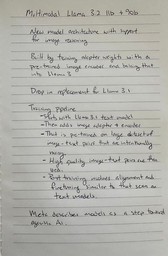 While no means chicken scratch, Llama 3.2 11B actually managed a respectable job at converting this hand-written note to text. While no means chicken scratch, Llama 3.2 11B actually managed a respectable job at converting this hand-written note to text.