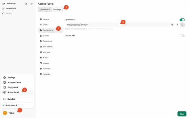 In the Open WebUI connections menu, enter http://localhost:8000/v1 as the address and "empty" as the passkey. In the Open WebUI connections menu, enter http://localhost:8000/v1 as the address and "empty" as the passkey.